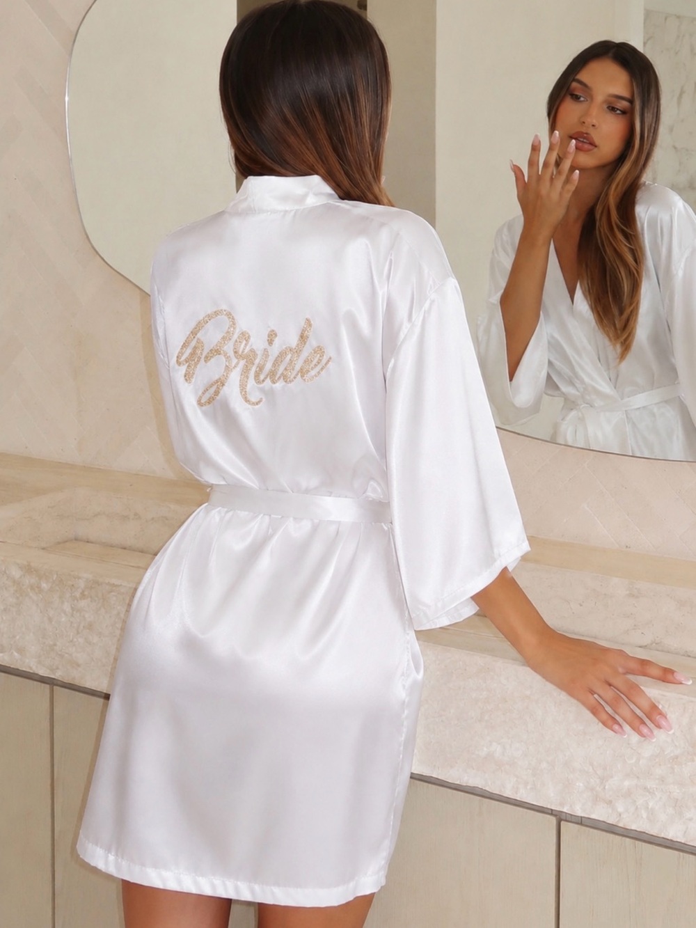NEW Amazon White Satin 'Bride' Robe with Gold Script